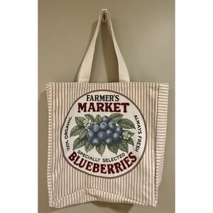 Farmer's Market Beaded Blueberry Cotton Canvas Tote Bag Striped Reusable 16"x16"